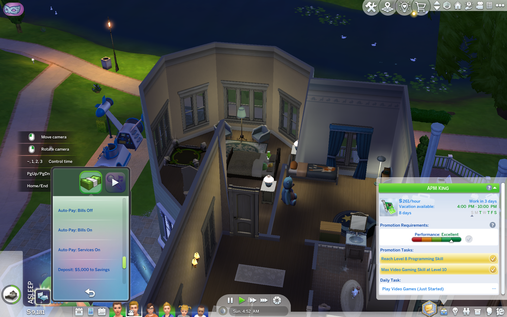 Sims 4 screenshot showing Better Bank auto-pay options in the phone menu.